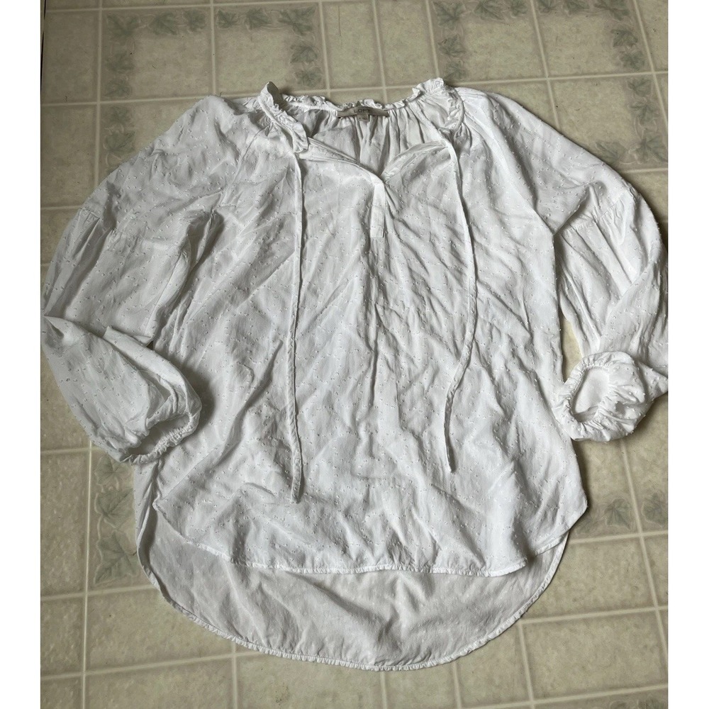 LOFT Flocked White Tie Front Long Sleeve Blouse - Size Small Long loose Sleeves